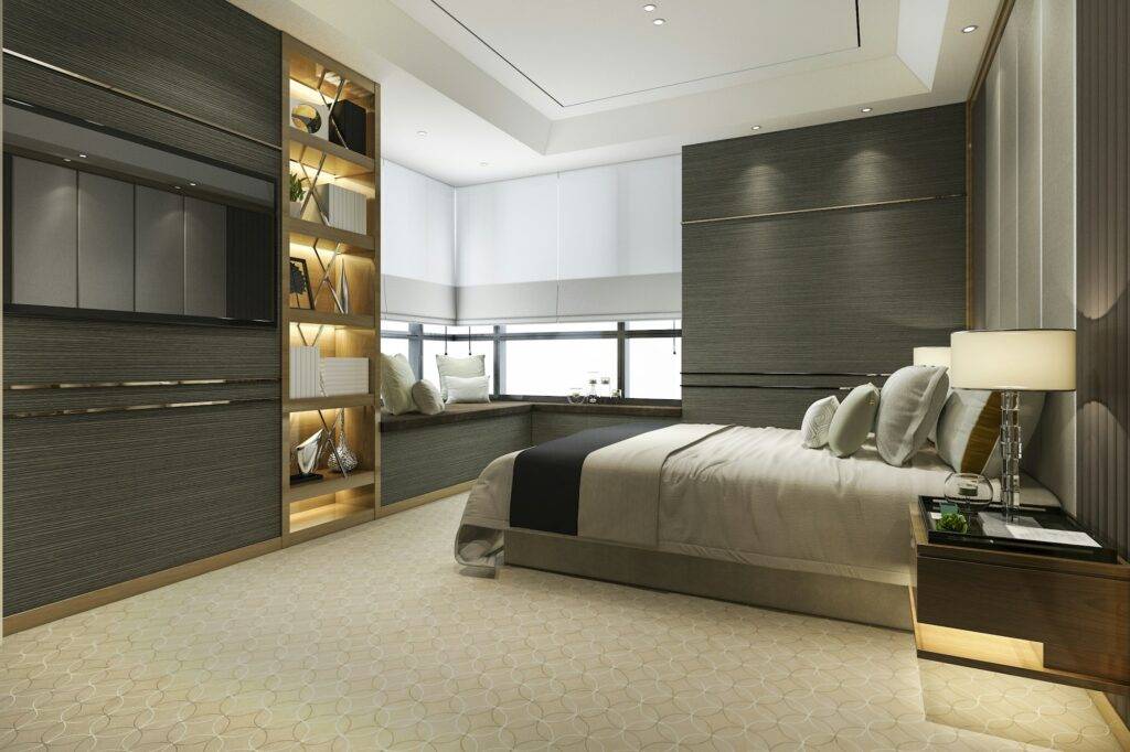 3d rendering wood modern luxury bedroom suite with bookshelf and cushion