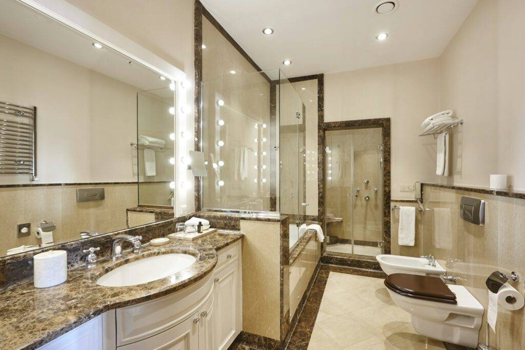 Luxury bathroom finished in marble. Classic and elegant decoration. Indoor