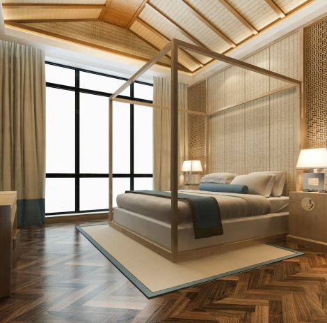 3d rendering luxury tropical bedroom suite in resort hotel and resort